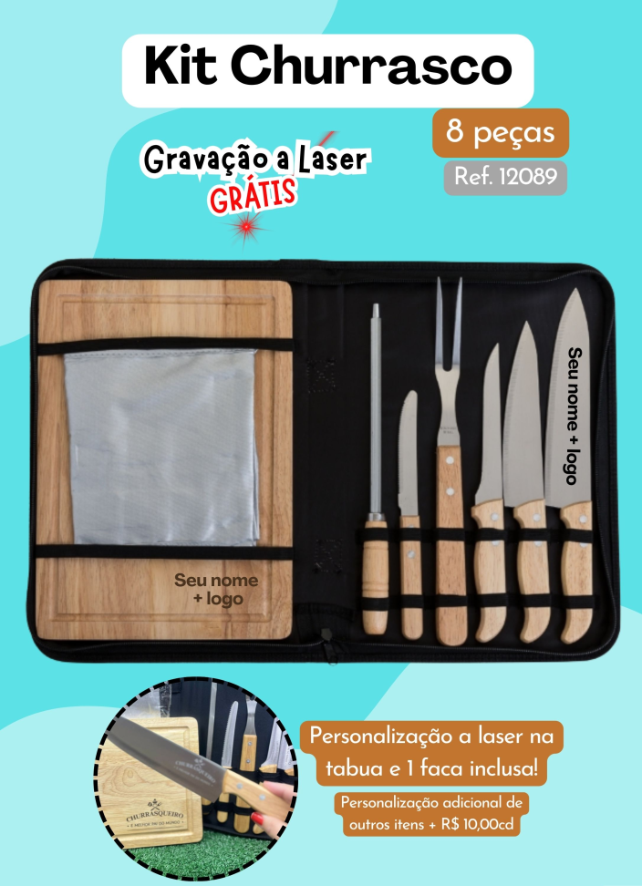 Kit Churrasco -  8 peças (Tábua) - Com estojo
