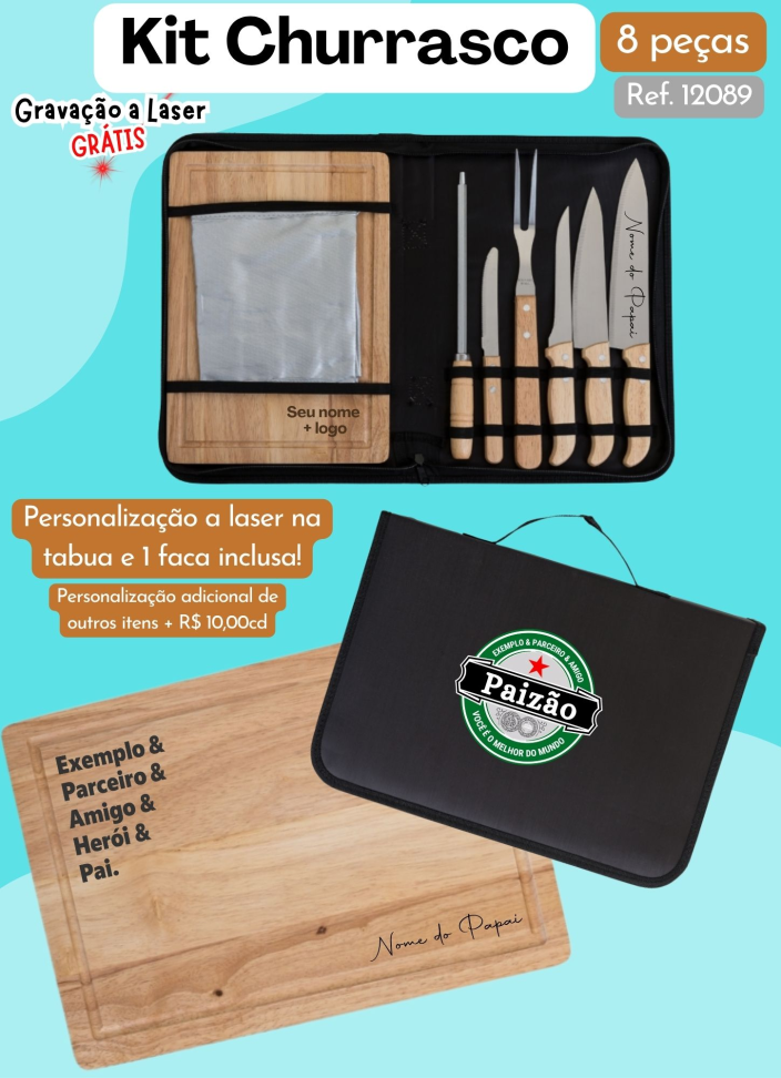 Kit Churrasco -  8 peças (Tábua) - Com estojo