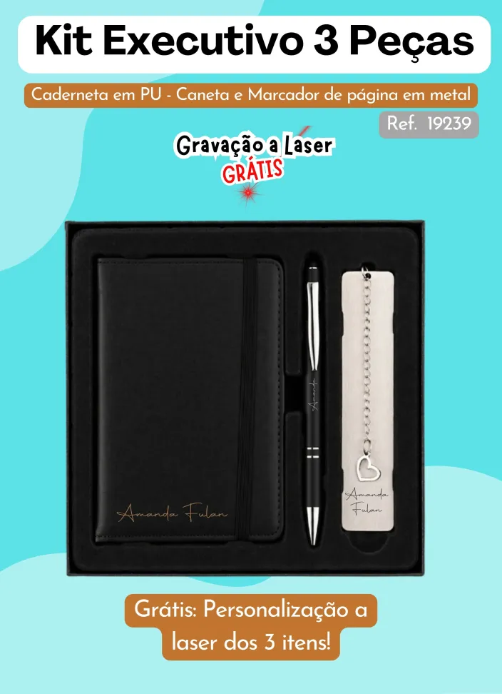 Kit Executivo 3 Peças (Caderneta + Caneta + Marca Página Metal) - #1
