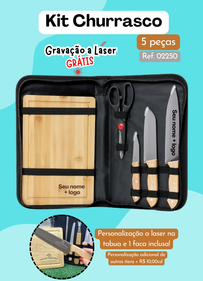 Kit Churrasco -  5 peças (Tábua) - Com estojo