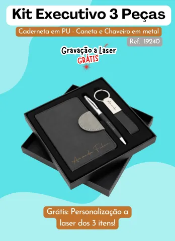 Kit Executivo 3 Peças (Caderneta + Caneta + Chaveiro Metal)