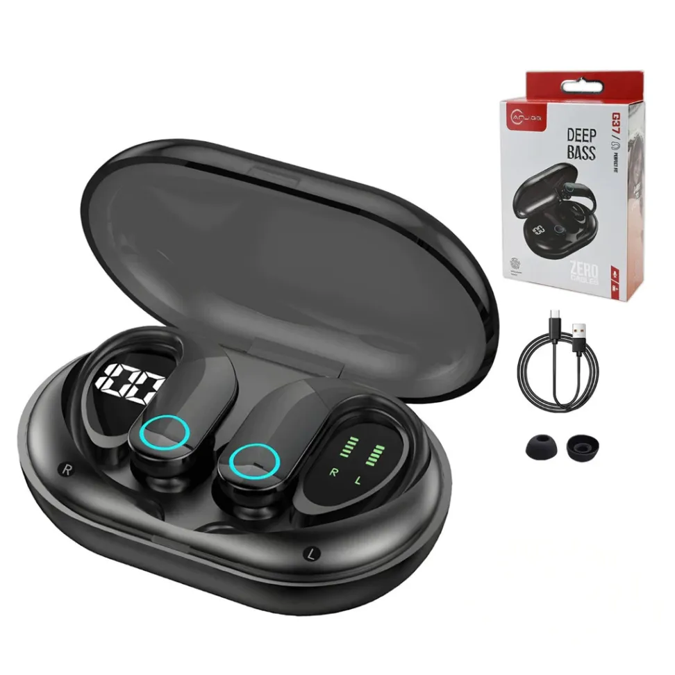 Fone Bluetooth Esportivo com Gancho, Base de Carga LED, Grave Potente e Toque Inteligente.