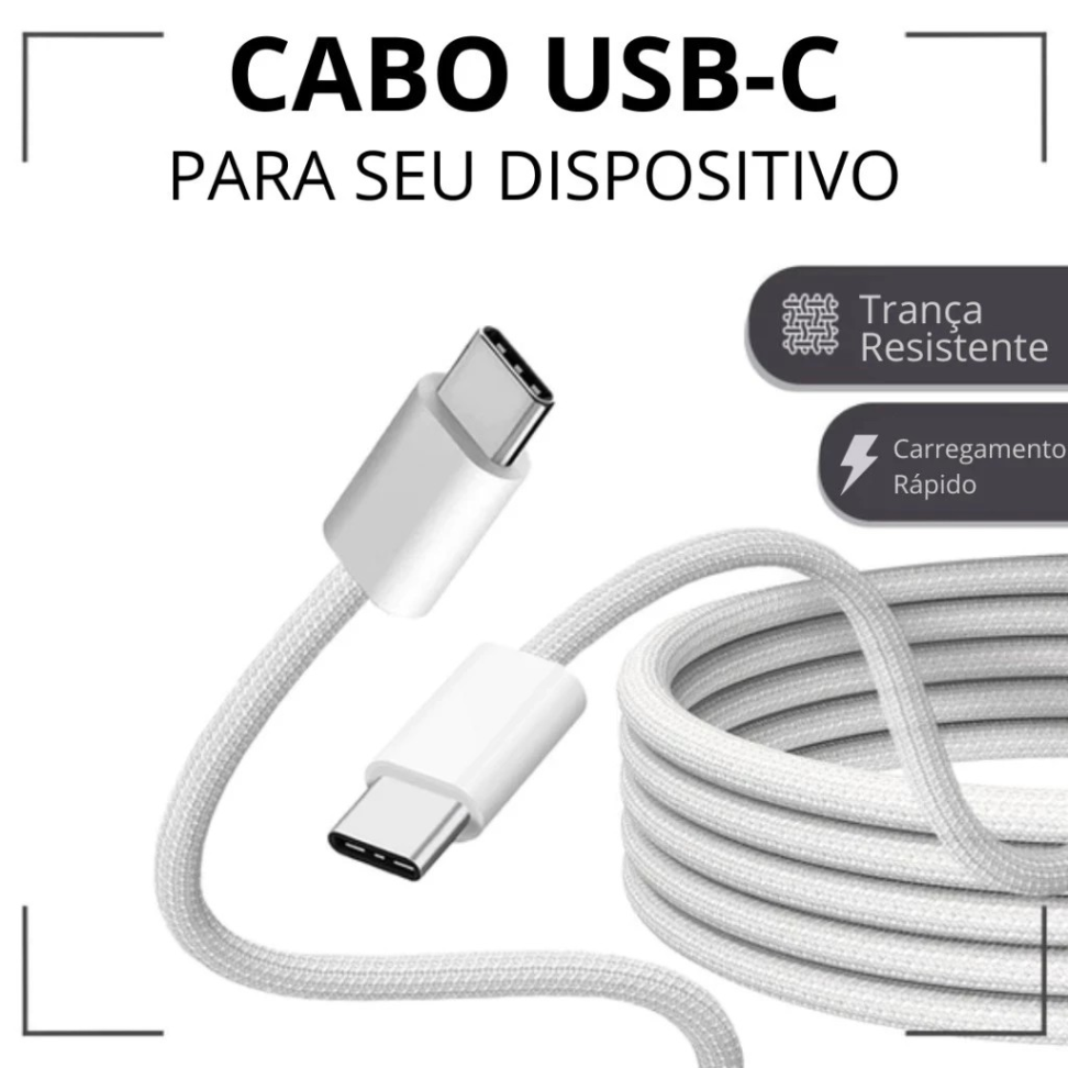 Cabo USB-C para USB-C 1M Turbo Fast PD – Reforçado em Nylon Ultra Resistente Branco Premium