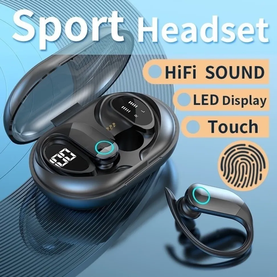 Fone Bluetooth Esportivo com Gancho, Base de Carga LED, Grave Potente e Toque Inteligente.