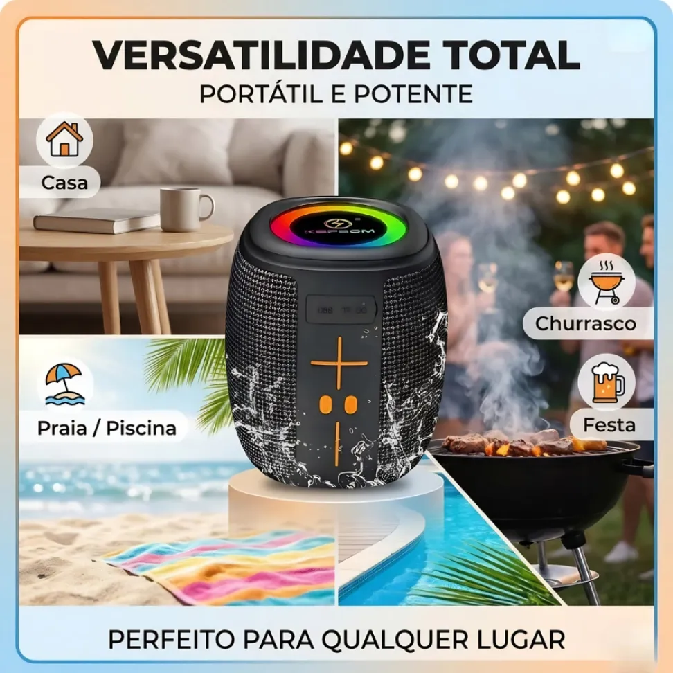 Caixa de som portátil Bluetooth Kapbom KA-8596 50W TWS LED/USB/SD/FM com graves potentes