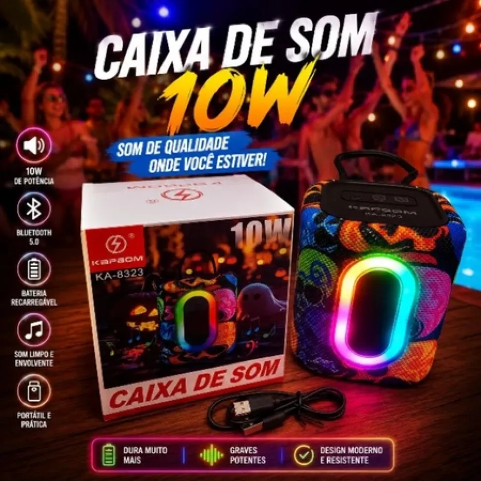 Caixa De Som Compacta Portátil Bluetooth Luz LED Estampa Caveira TWS 10W Recarregável Kapbom