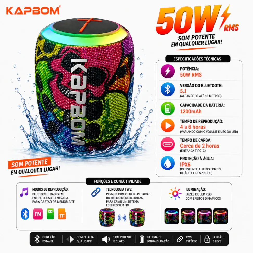 Caixa de Som Bluetooth Portátil Á Prova D'àgua IPX6 Kapbom