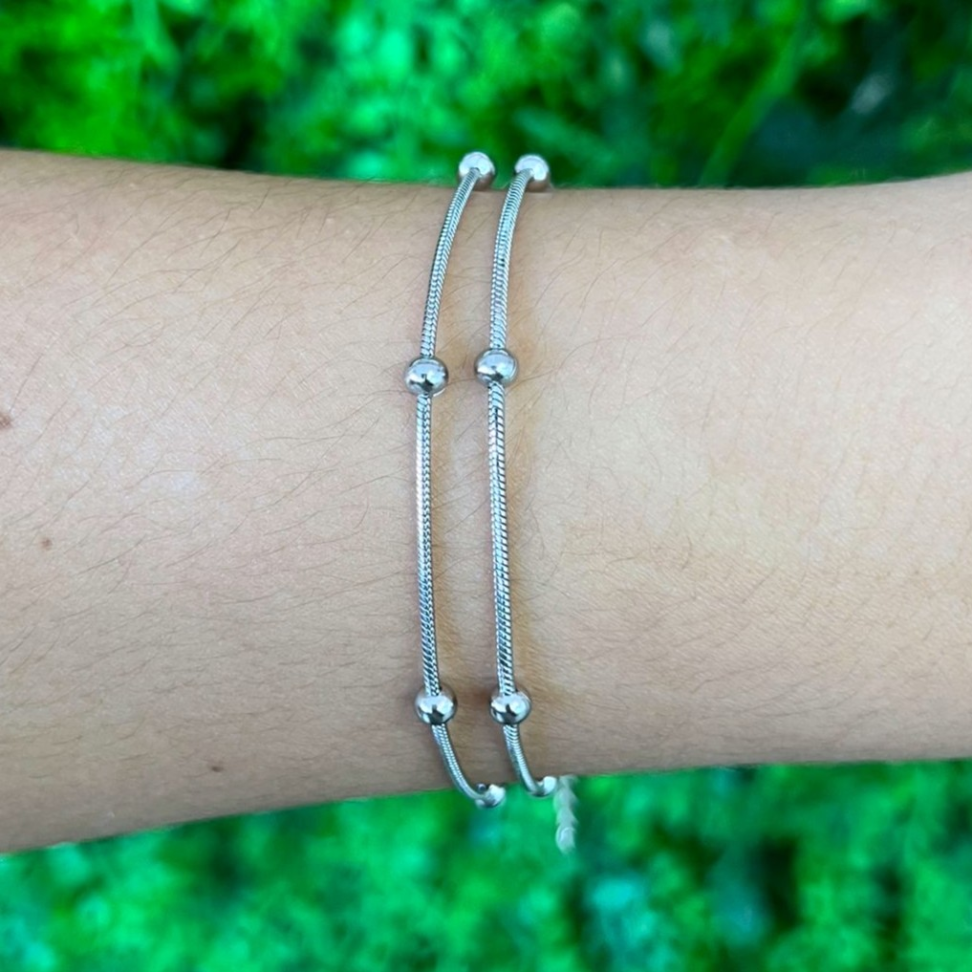 Pulseira Dupla Rabo de Rato com Bolinha 3.4mm em Aço Inox