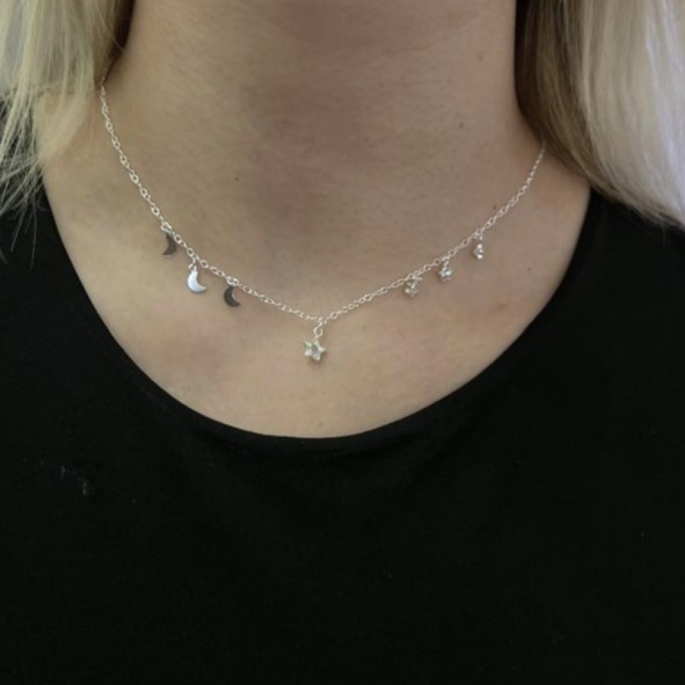 Choker Estrelas e Luas com extensor em prata 925