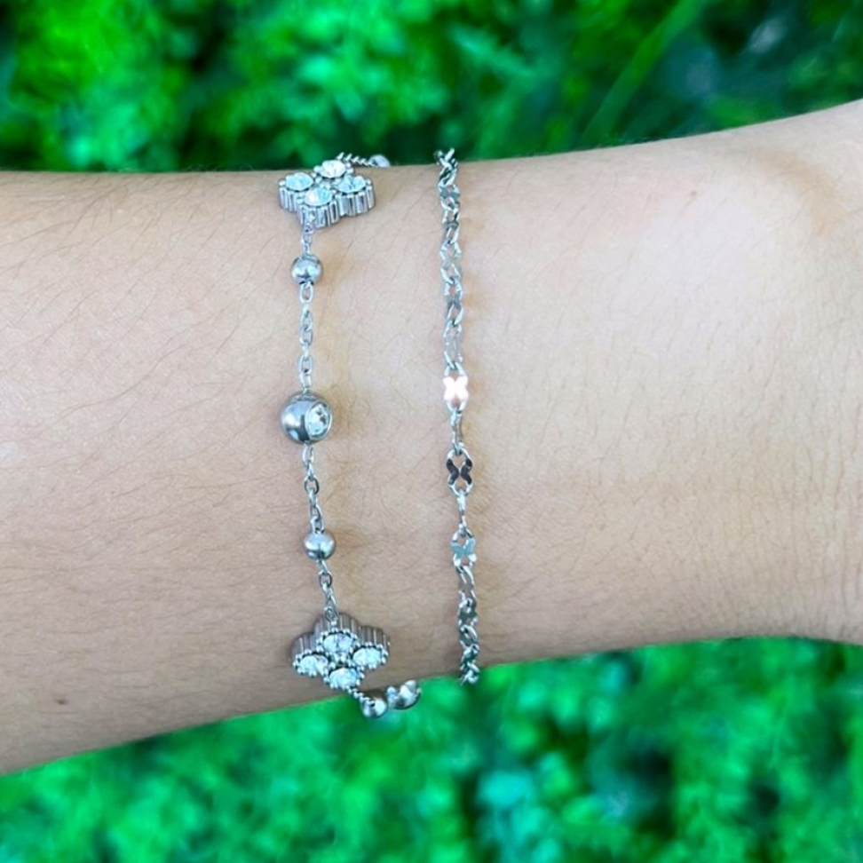 Pulseira Dupla 3 Trevos Cravejados em Aço Inox
