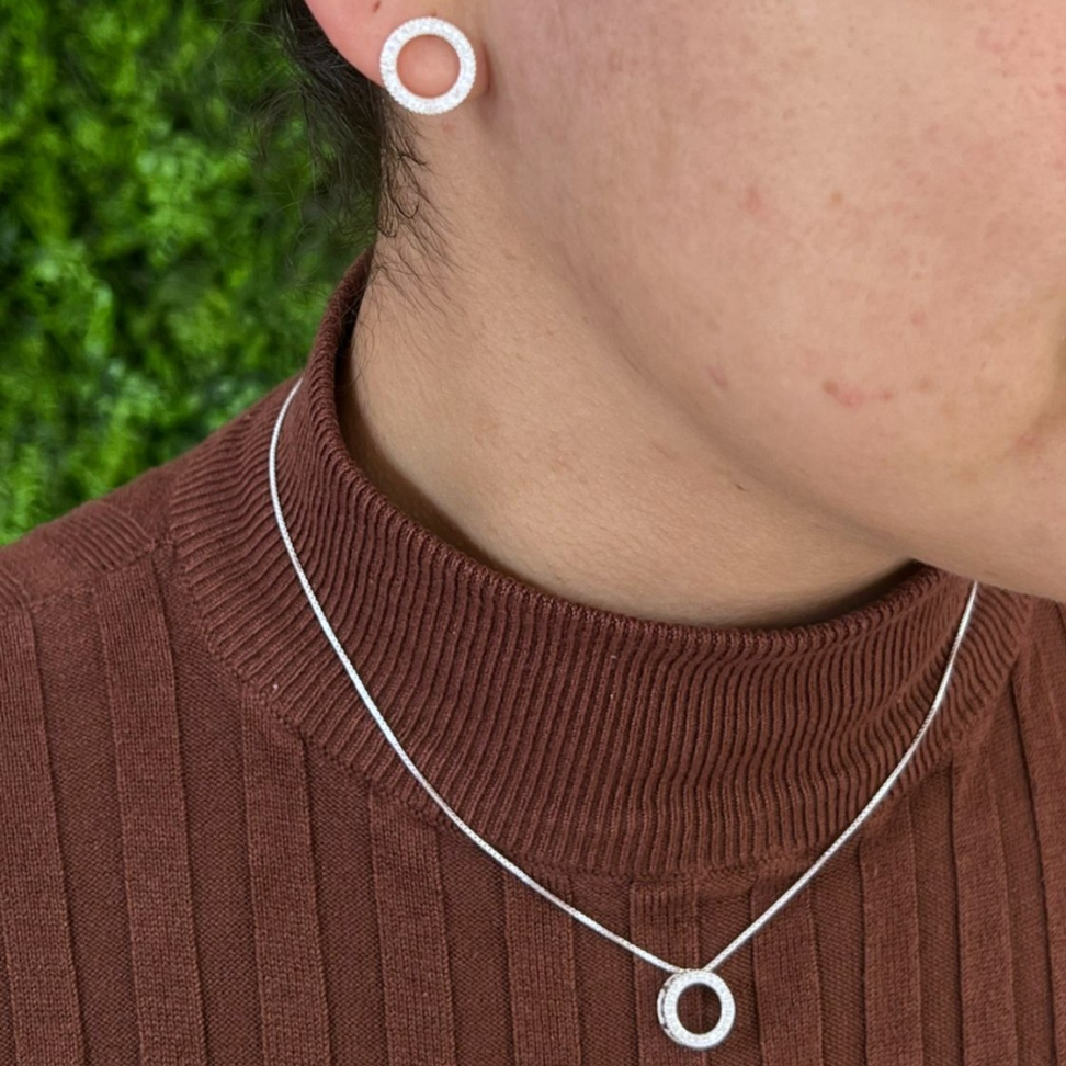 Conjunto Circulo Cravejado Vazado em prata 925