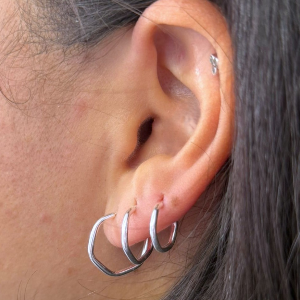 Trio de Argolas Hexágono Fio Redondo em prata 925