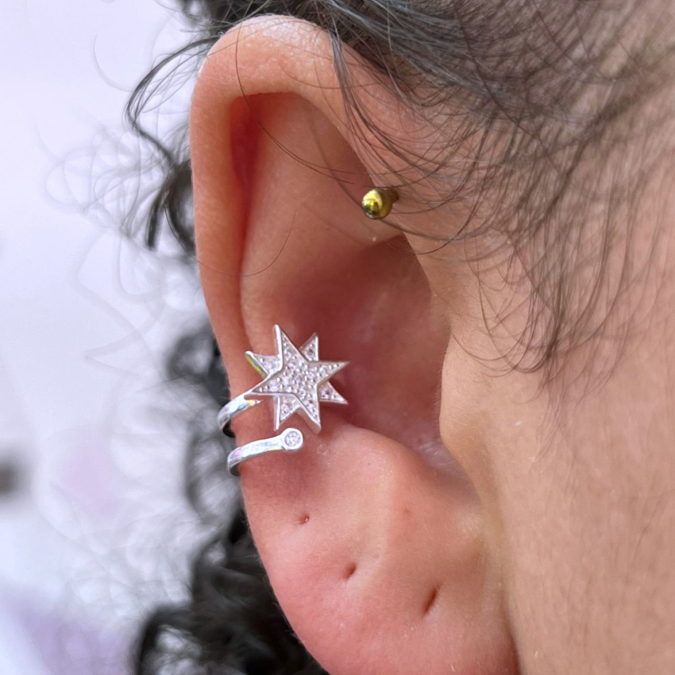 Piercing Fake Duplo Estrela Cravejada e Ponto de Luz em prata 925 - #3