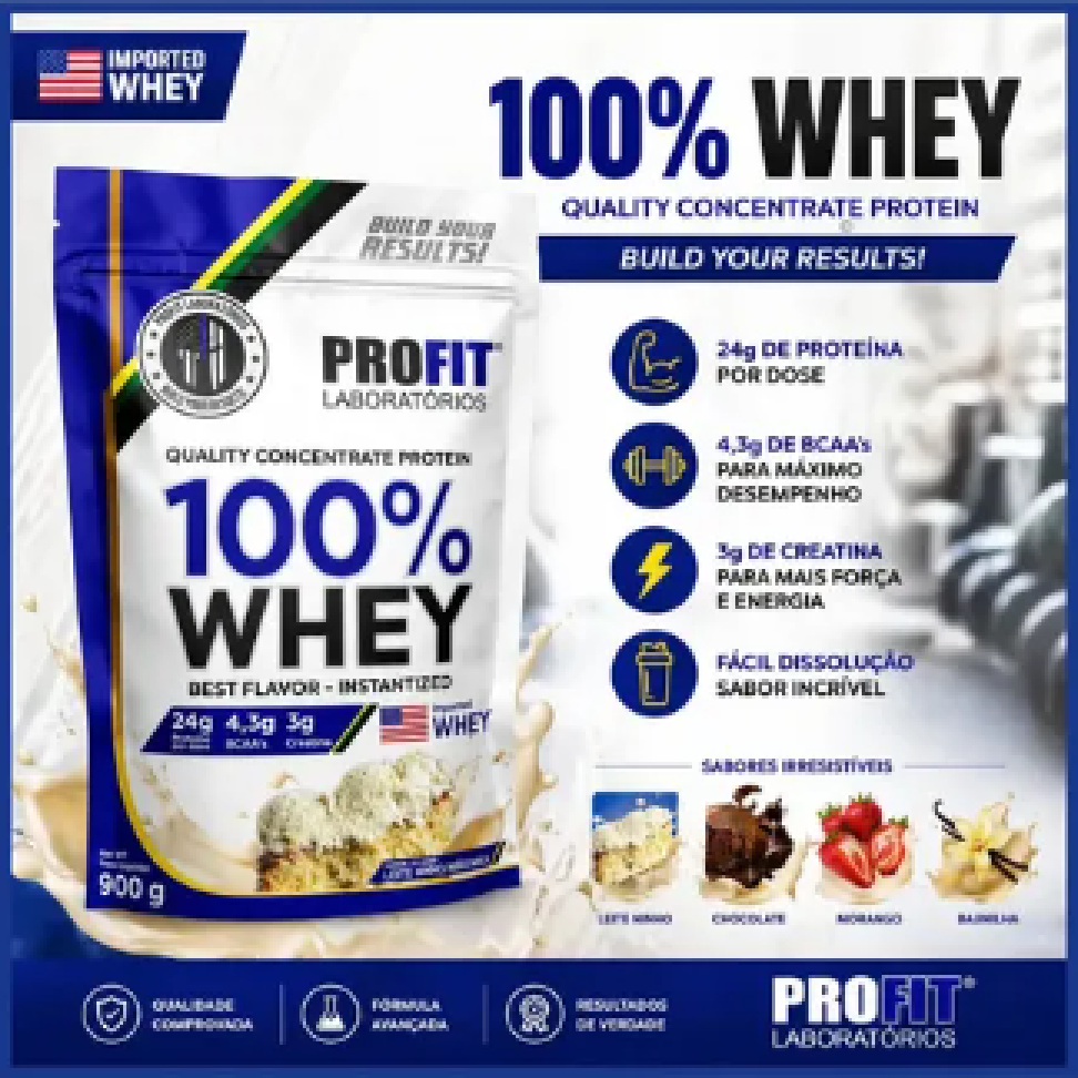 Whey 100% concentrado Profit Lab 900g - Refil