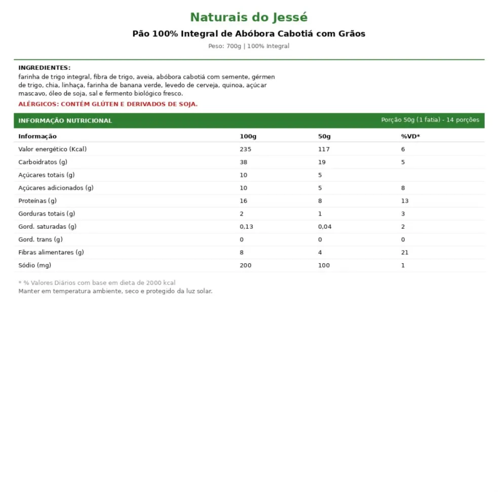 Pão 100% integral de Abóbora Cabotiá com Grãos