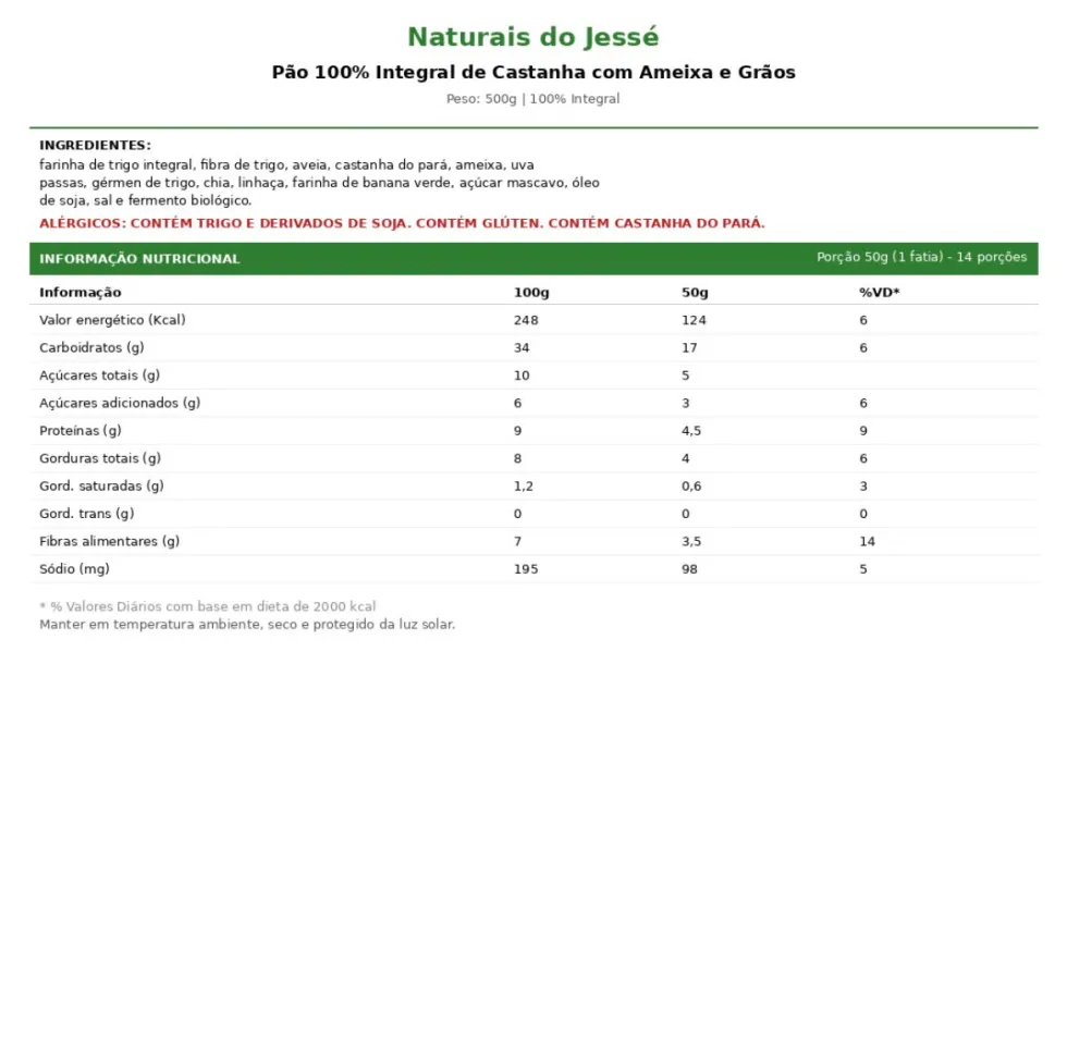 Pão 100% integral de Castanha com Amêndoas e Grãos