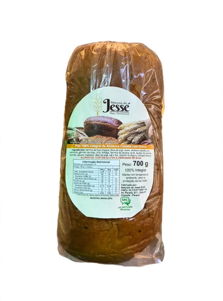 Pão 100% integral de Abóbora Cabotiá com Grãos