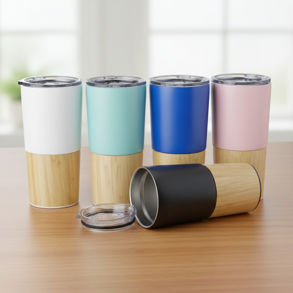 Copo Térmico 600ml Parede Dupla Inox Detalhe Bambu Tampa com Bocal e Trava de Segurança