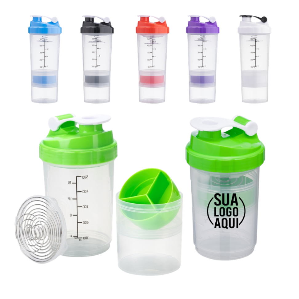 Coqueteleira 600ml Com 2 Compartimentos Misturador de Mola Inox e Porta Comprimidos
