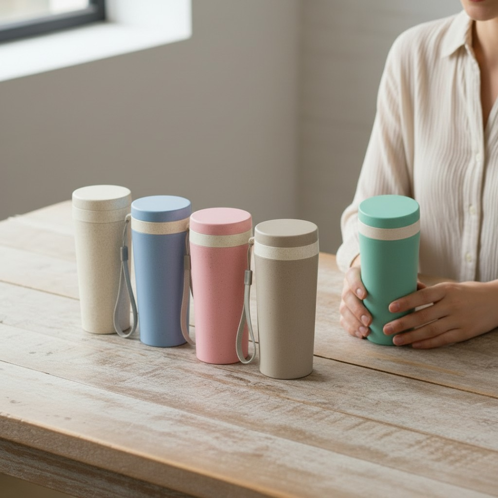 Copo Plástico 350ml Isotérmico Fibra de Bambu com Parede Dupla e Alça