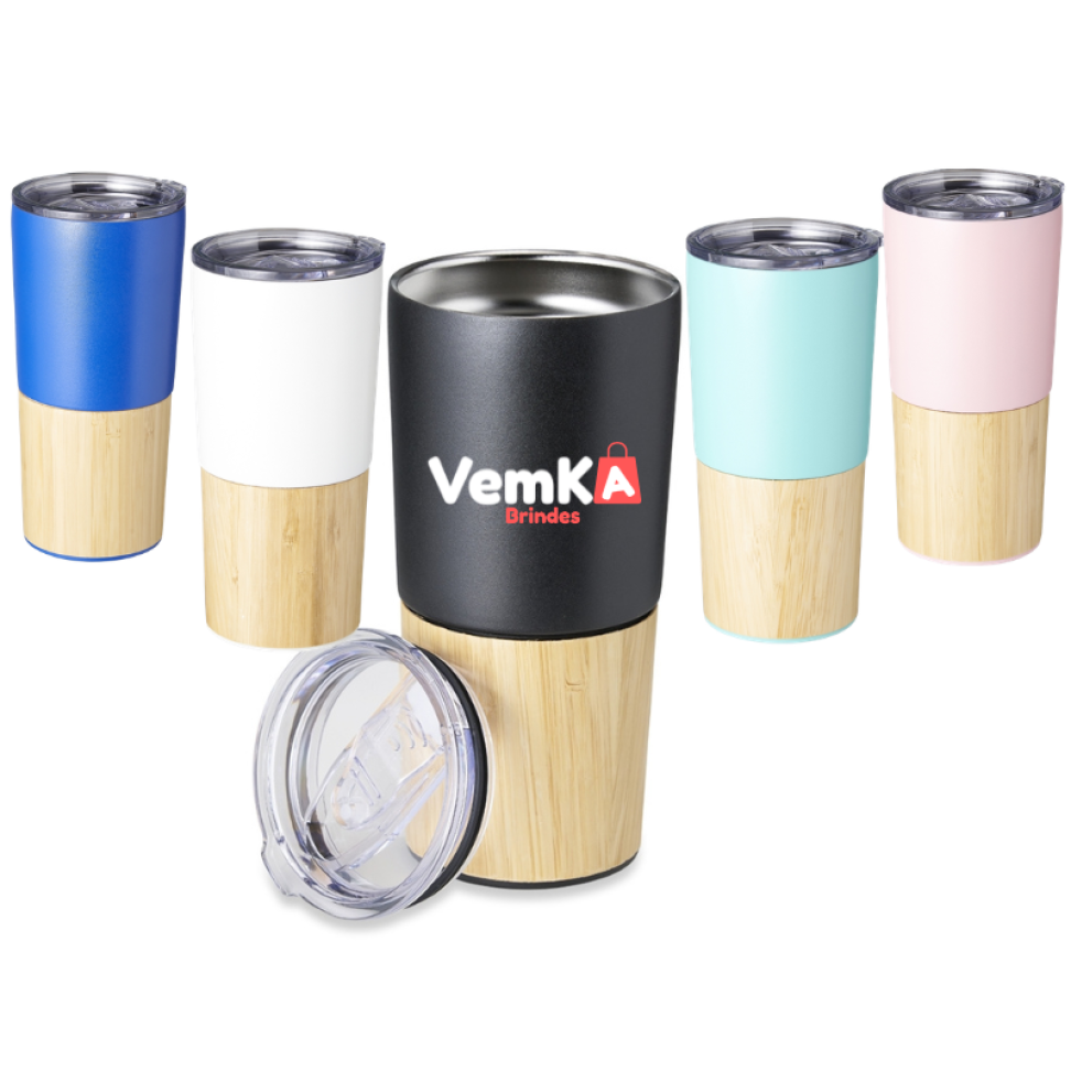Copo Térmico 600ml Parede Dupla Inox Detalhe Bambu Tampa com Bocal e Trava de Segurança
