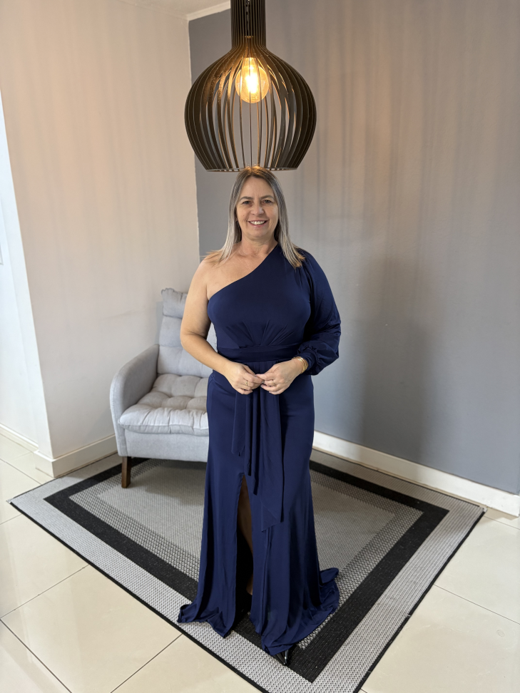Vestido Uma Manga Longa Azul marinho