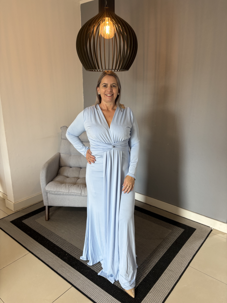 Vestido Manga Longa Azul Claro