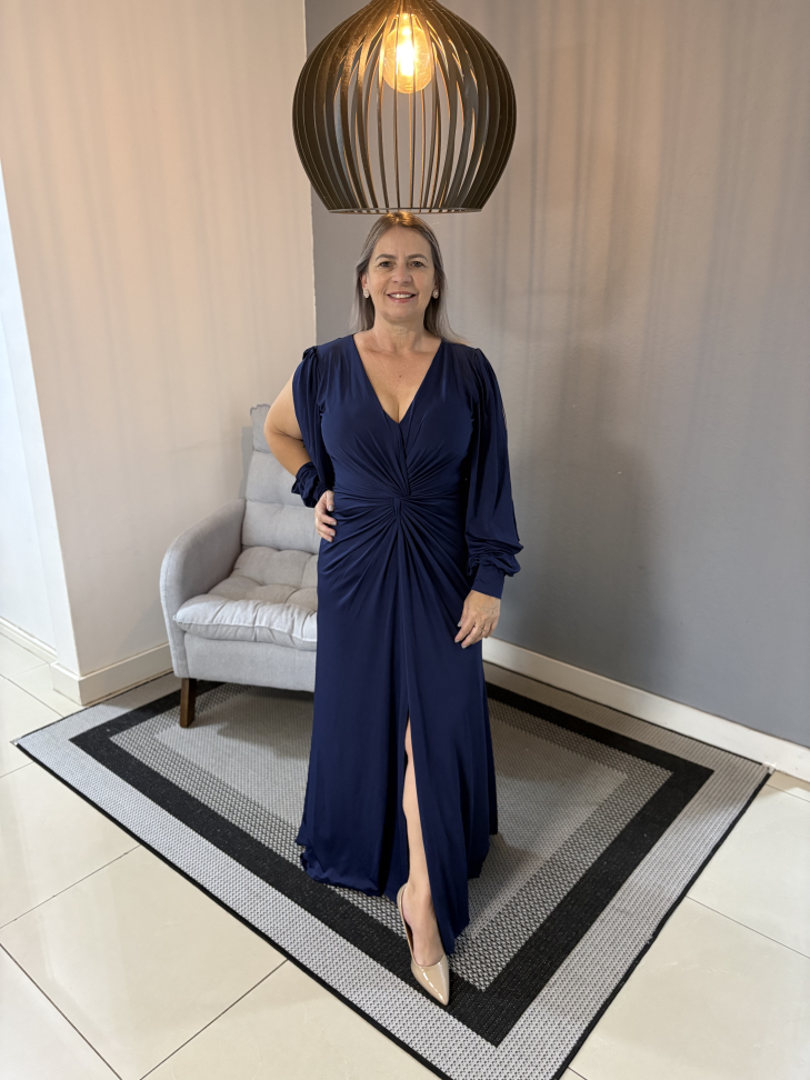 Vestido Manga Longa Aberta Azul Marinho