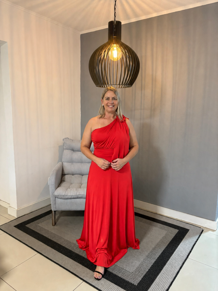 Vestido um ombro flor vermelho