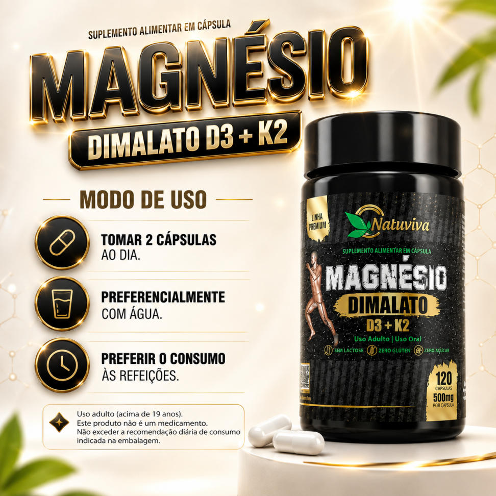 Magnésio Dimalato D3 + K2 120 Cápsulas 500mg Natuviva - #3