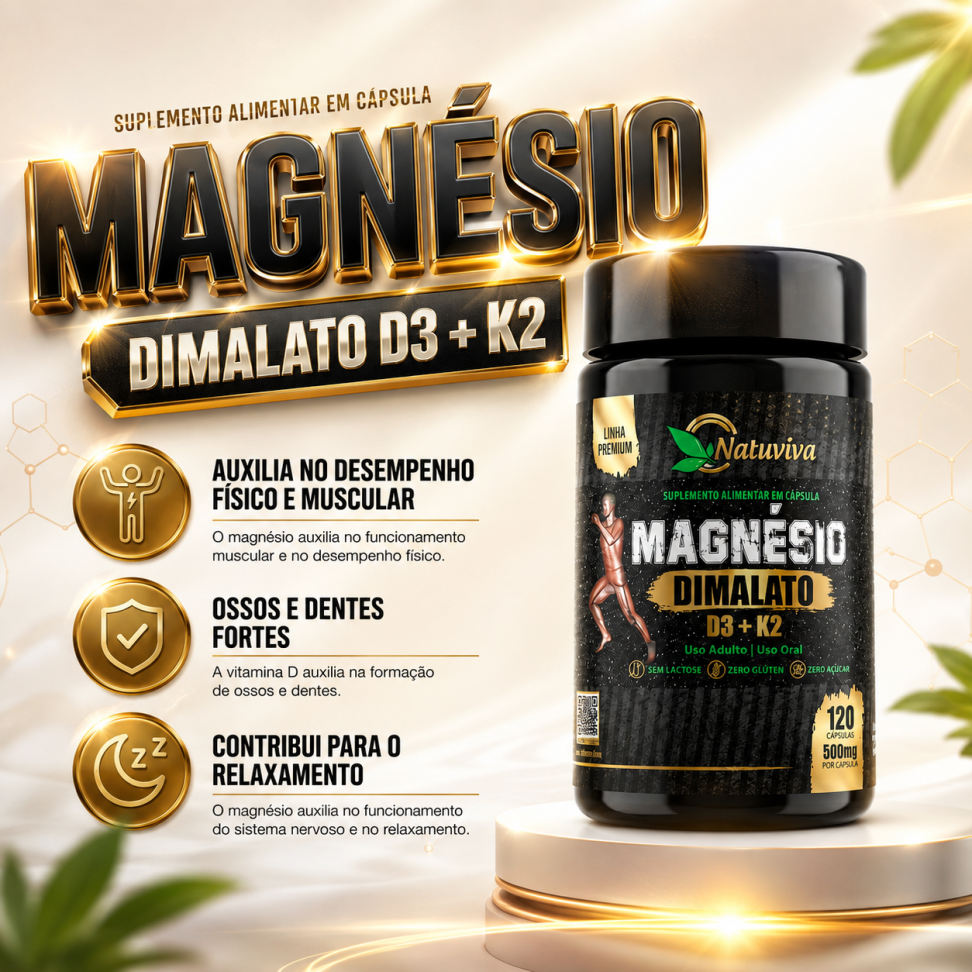 Magnésio Dimalato D3 + K2 120 Cápsulas 500mg Natuviva
