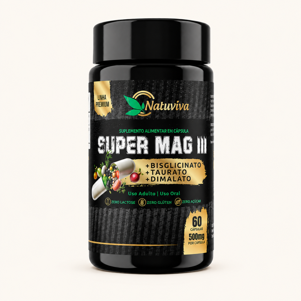 Super Mag III + Bisglicinato + taurato + Dimalato 60 Cápsulas 500mg Natuviva