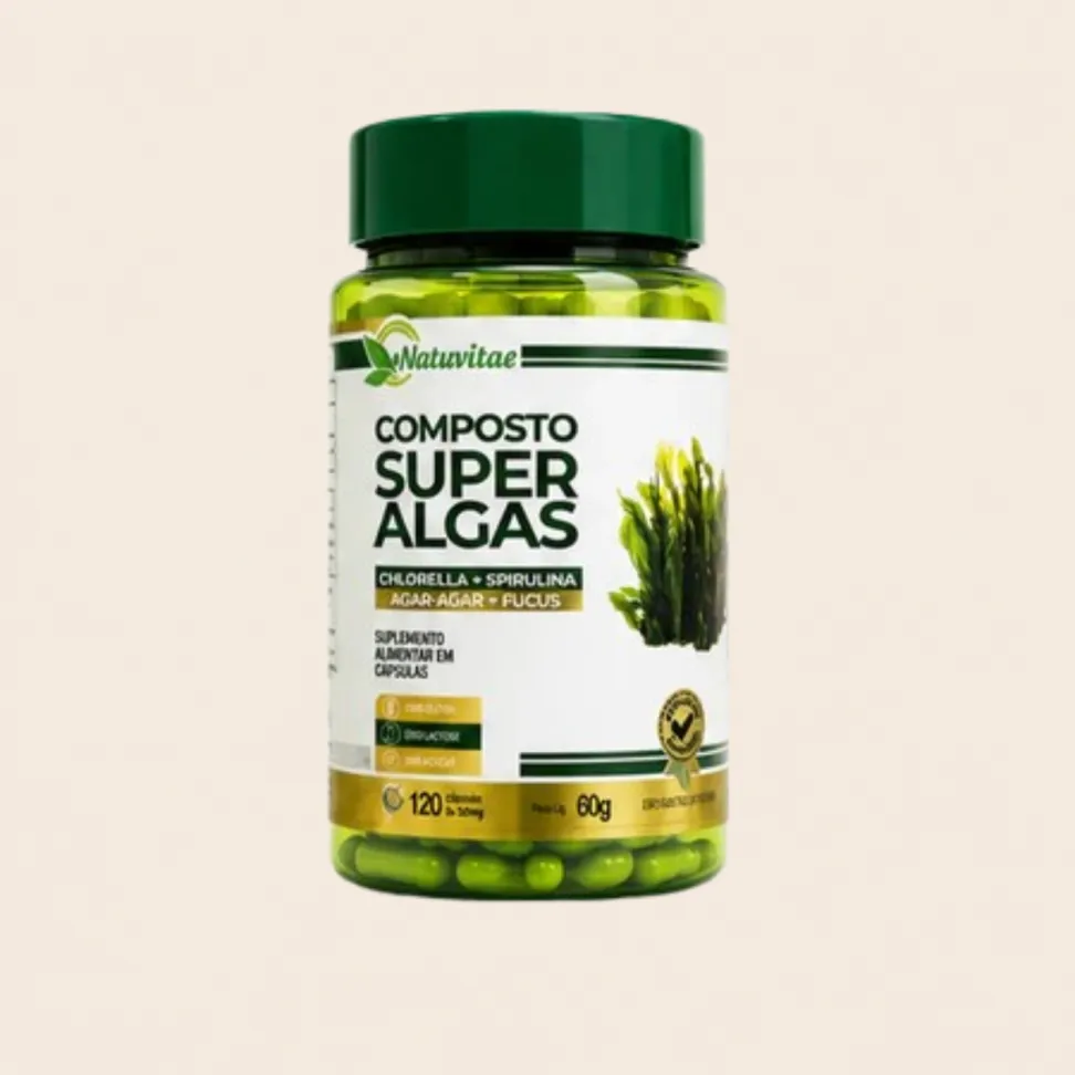 Composto Super Algas Natuvitae – Chlorella, Spirulina, Ágar-Ágar e Fucus – 120 Cápsulas de 500mg