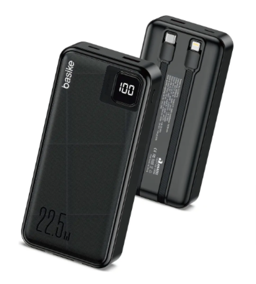 Power Bank Basike 20000mAh Preto, Carga Rápida 22.5W para iPhone e Samsung, Com Cabos Embutidos e Display