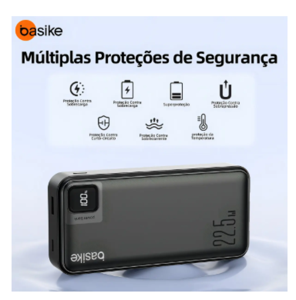 Power Bank Basike 20000mAh Preto, Carga Rápida 22.5W para iPhone e Samsung, Com Cabos Embutidos e Display