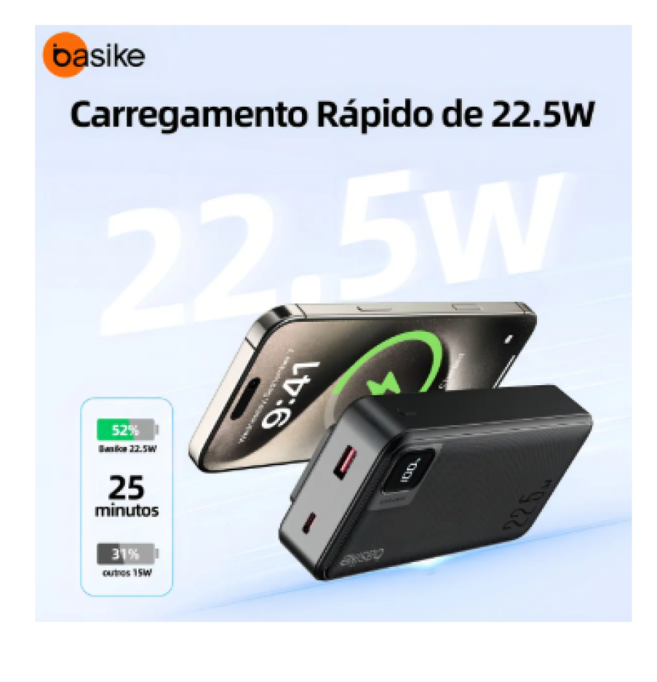 Power Bank Basike 20000mAh Preto, Carga Rápida 22.5W para iPhone e Samsung, Com Cabos Embutidos e Display - #3
