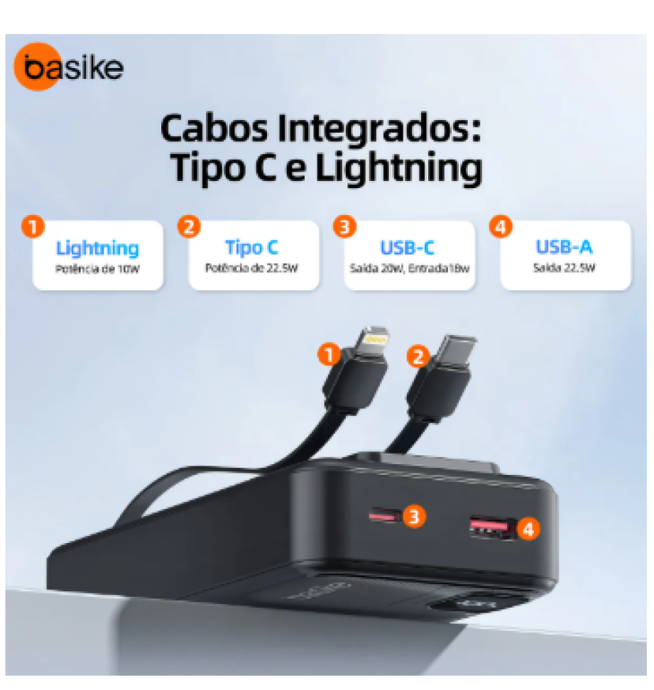 Power Bank Basike 20000mAh Preto, Carga Rápida 22.5W para iPhone e Samsung, Com Cabos Embutidos e Display - #4