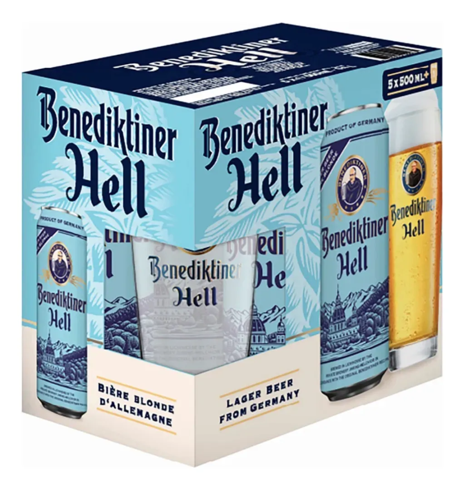Kit Cerveja Benediktiner Hell 5 Latas 500ml E Copo De Vidro