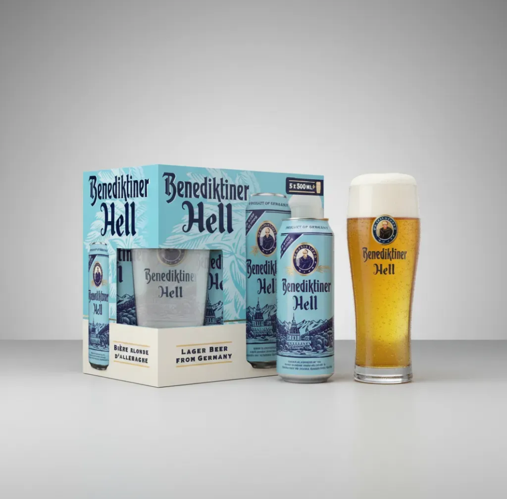 Kit Cerveja Benediktiner Hell 5 Latas 500ml E Copo De Vidro