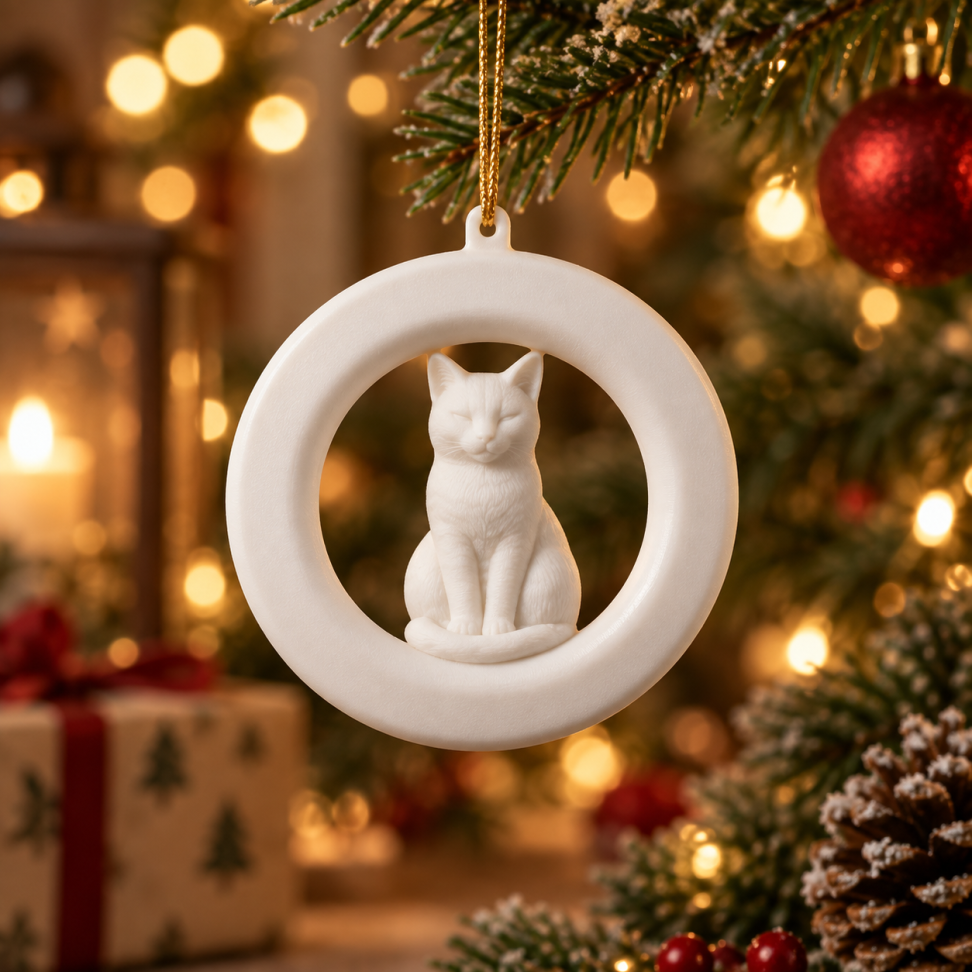 Enfeite de Natal com Gato | Pendente para Árvore
