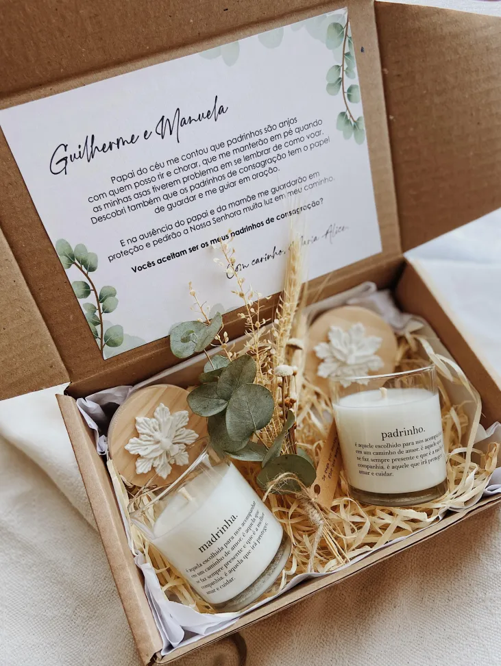 CAIXA CONVITE - Vela 100g com mini buquê de flores | Batizado, Crisma, Casamento