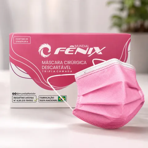 Máscara Facial Descartável Rosa Tripla Fênix Cx. 50 Unidades