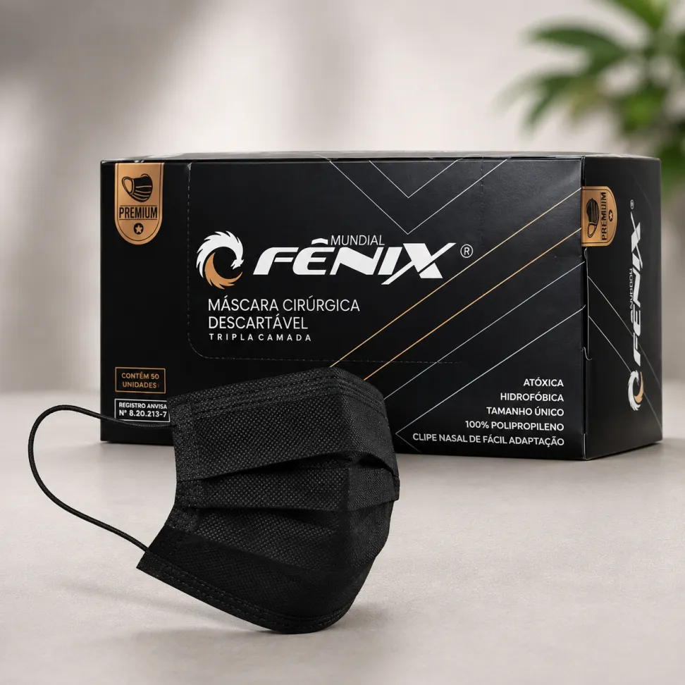 Máscara Facial Descartável Preta Tripla Fênix Cx. 50 Unidades - #1