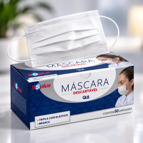 Máscara Descartável Tripla Branca SSplus 50 Unidades
