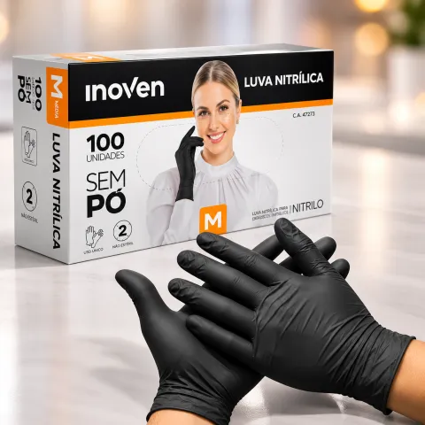 Luva Nitrílica Preta Tamanho M Inoven Cx. 100 Unidades