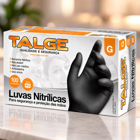 Luva Nitrílica Preta Tamanho G Talcada Talge Cx. 100 Unidades