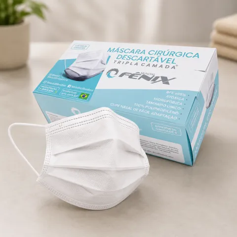 Máscara Facial Descartável Branca Tripla Fênix Cx. 50 Unidades