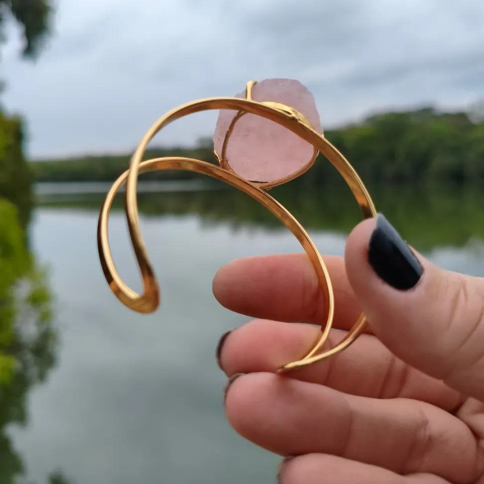 Bracelete Folheado a Ouro: Quartzo Rosa - #5