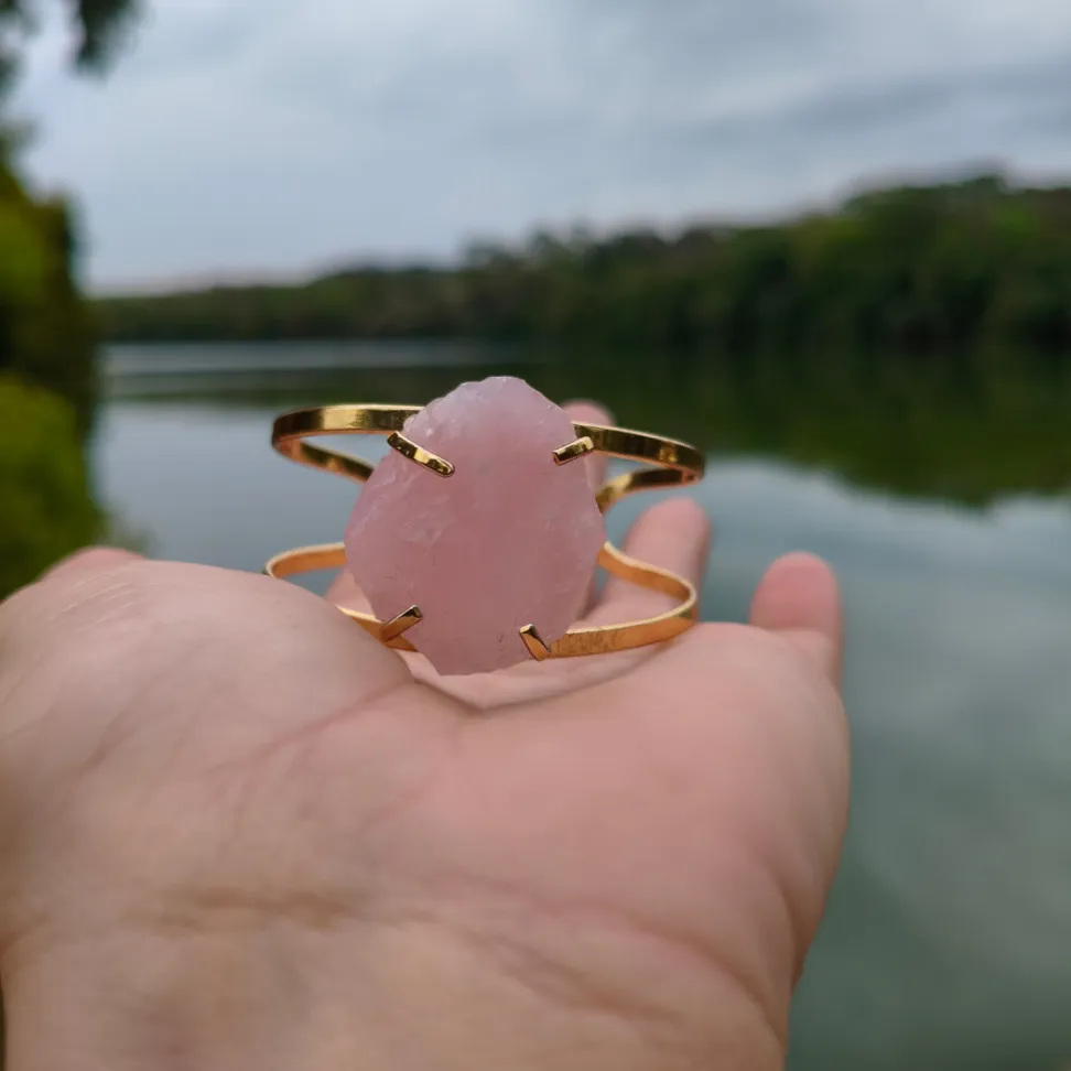 Bracelete Folheado a Ouro: Quartzo Rosa - #2