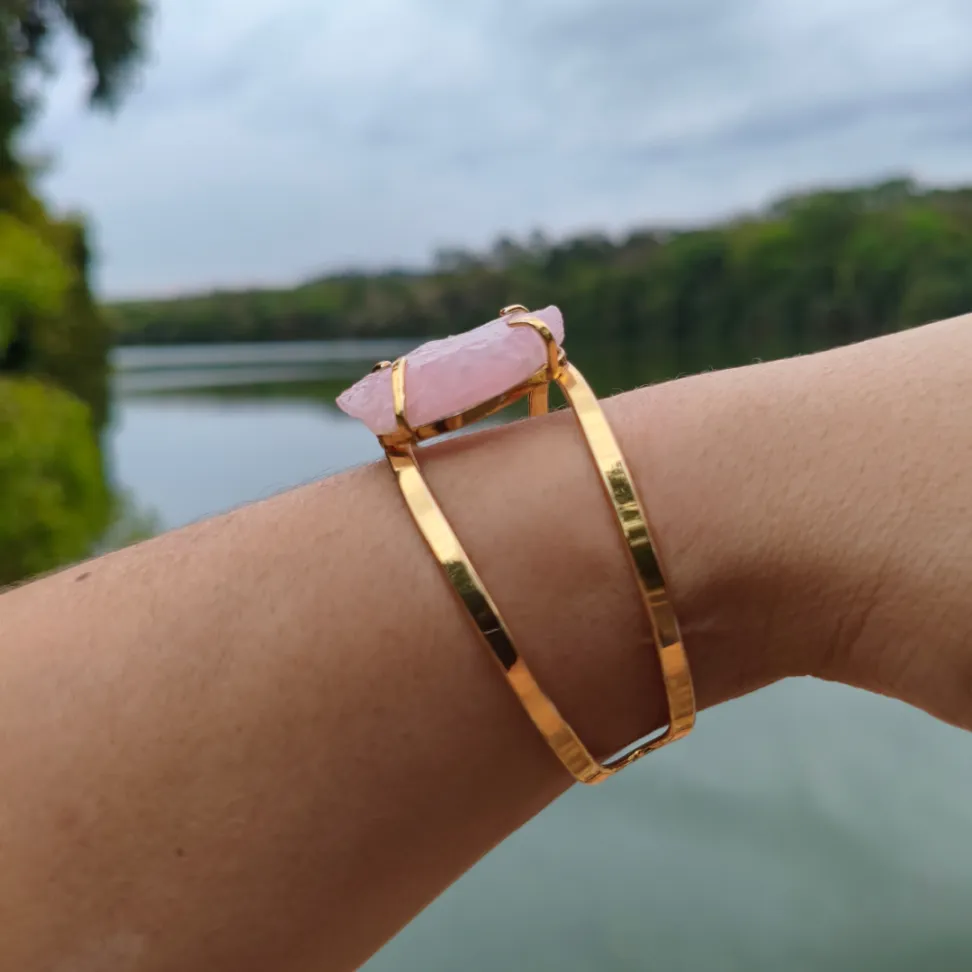 Bracelete Folheado a Ouro: Quartzo Rosa - #7